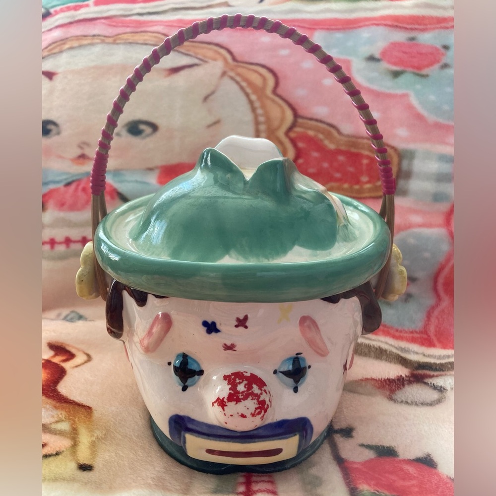 Vintage Clown or Hobo Ceramic Basket Cookie Jar